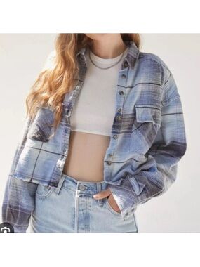 BDG Urban Outfitters Joey Cropped Oversized Blue Plaid Flannel Shirt Size S
